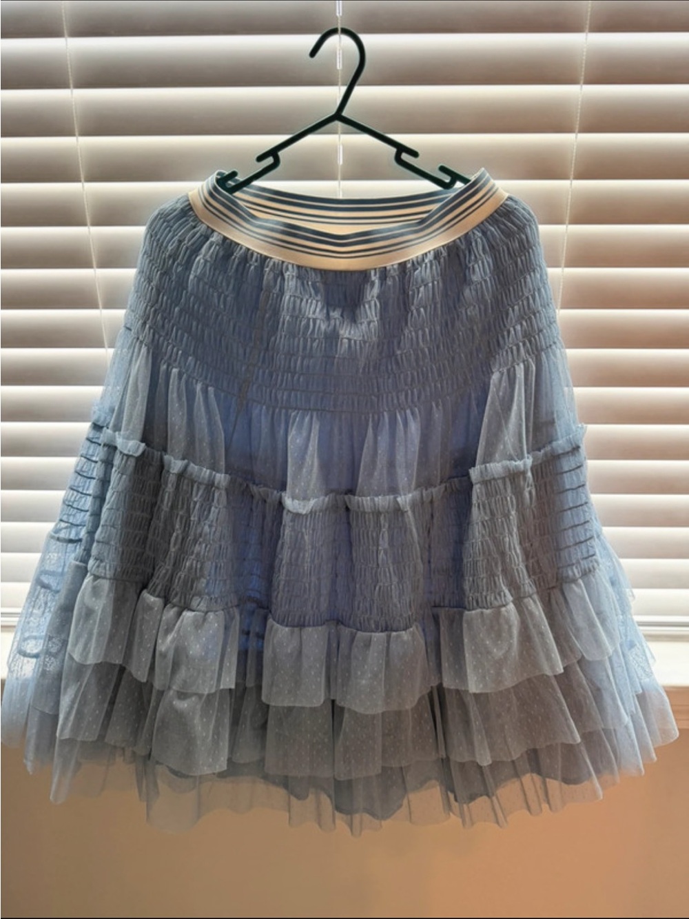 Anthropologie Light Blue Tiered Tulle  Skirt with Striped Waistband